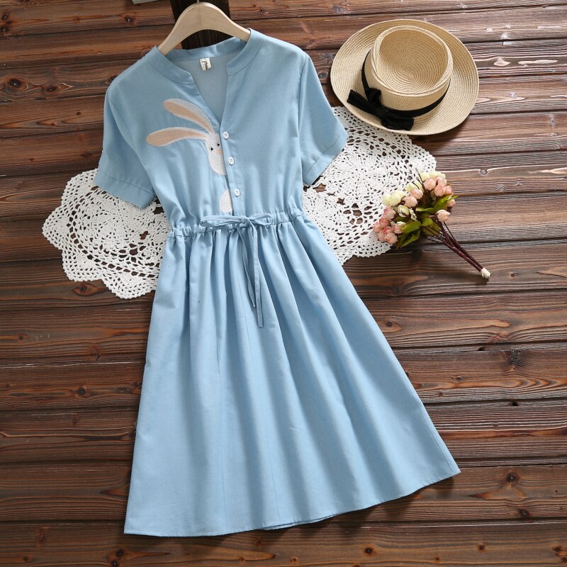 Women's Rabbit Embroidery Blue Cotton Dress Women's Rabbit Embroidery Blue Cotton Dress