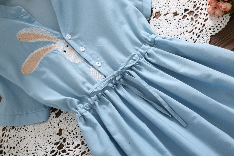 Women's Rabbit Embroidery Blue Cotton Dress Women's Rabbit Embroidery Blue Cotton Dress