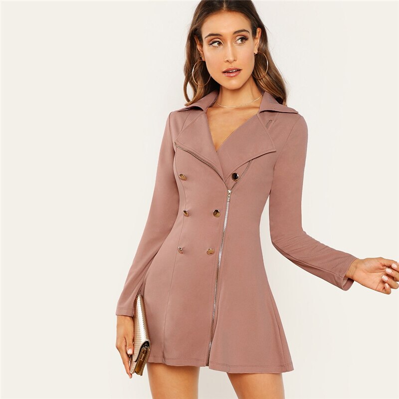 Women's Double Breasted Zipper Design Pink Mini Dress